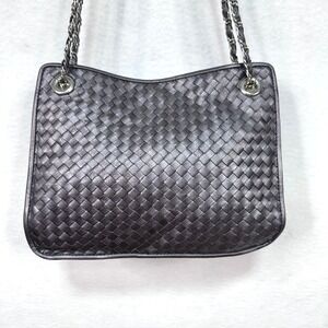 Ganson Vintage Woven Leather Shoulder Bag Metallic Grey Silver Strap Purse
